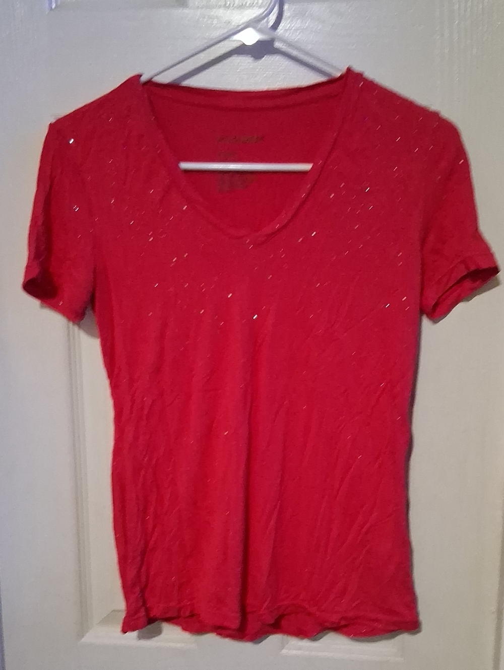 Women's V-Neck Short Sleeve Tee with Subtle Sparkle - Red